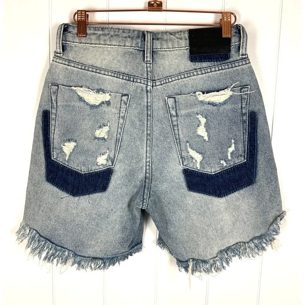 One‎ x One Teaspoon High Waist Mom Fit Intentionally Distressed Denim Shorts 25
